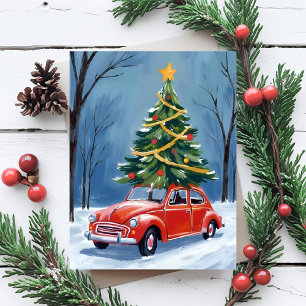 Cartão De Festividades Árvore de Natal de Carro Vermelho Antigo