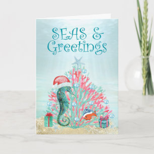 Cartão De Festividades Árvore de Natal de Coral Tropical Mar e Saudações