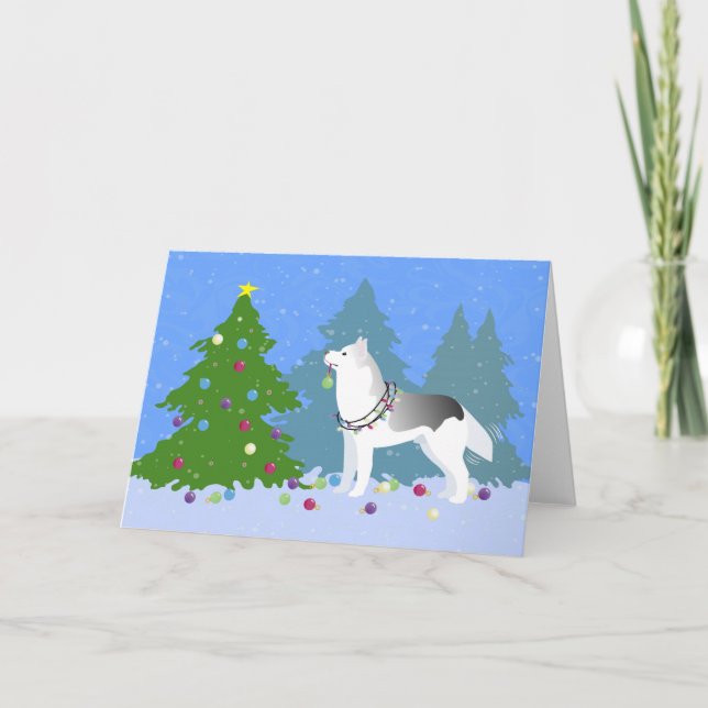 Cartão De Festividades Árvore de Natal de Decoração Siberiana Husky (Frente)