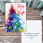 Cartão De Festividades Árvore de Natal de Feliz moderna e de aquarela bri<br><div class="desc">Celebre a época festiva com o nosso cartão de Natal moderno e artístico! Esta carta maravilhosamente desenhada apresenta uma vibrante abstrato aquarela de uma árvore de Natal, em um conjunto de cores que realmente captura o espírito dos feriados. Na frente está a frase "Feliz e Brilho." A parte traseira do...</div>