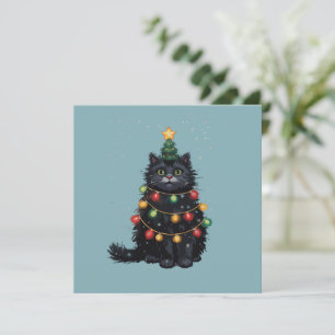 Cartão De Festividades Árvore de Natal de Gato Preto Pintura a Óleo Alter