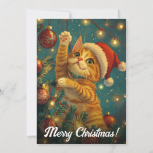 Cartão De Festividades Árvore de Natal de Gato Retro com Texto Personaliz