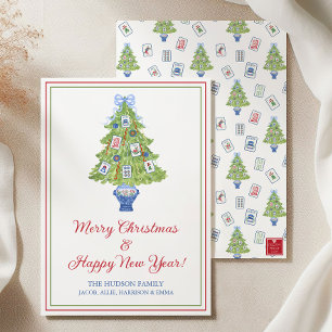 Cartão De Festividades Árvore de Natal de Mahjong em Aquarela
