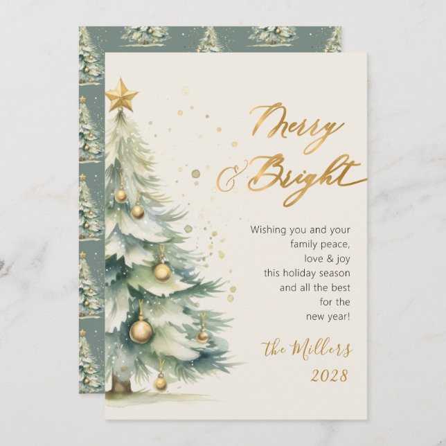 Cartão De Festividades Árvore de Natal de Script Dourado de feliz e Brigh (Frente/Verso)