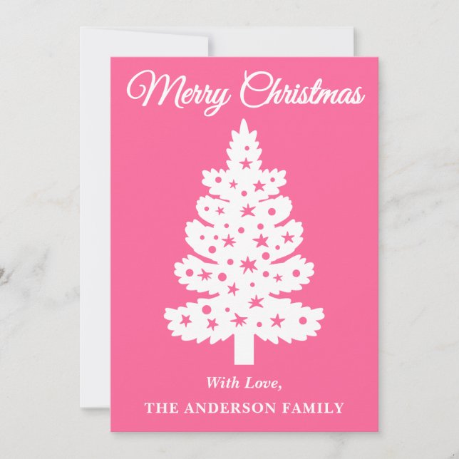 Cartão De Festividades Árvore de Natal de Script Manuscrito Rosa (Frente)