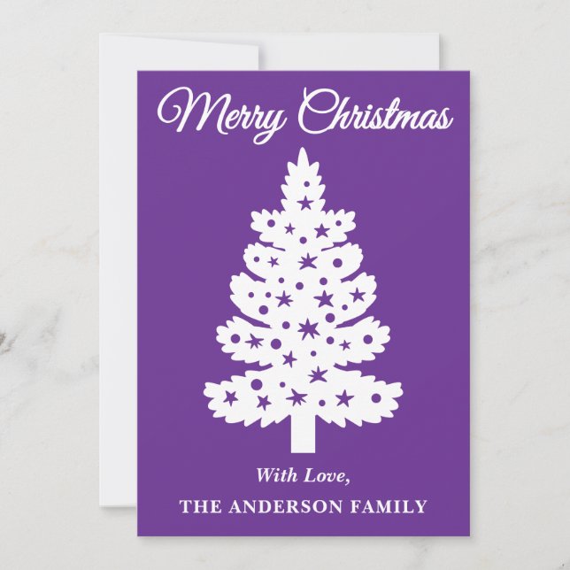 Cartão De Festividades Árvore de Natal de Script Manuscrito Roxo (Frente)