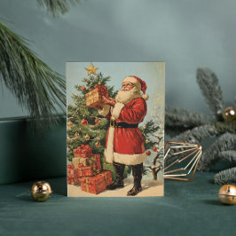 Cartão De Festividades Árvore de Natal Decorada com Papai Noel Vintage Cl