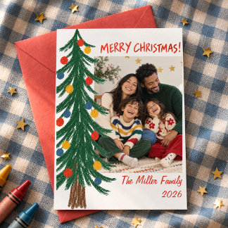 Cartão De Festividades Árvore de Natal Desenhada à Mão Foto da Família Ca