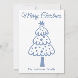 Cartão De Festividades Árvore de Natal Desenhada com Mão Azul Branca