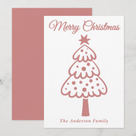 Cartão De Festividades Árvore de Natal Desenhada, com Rosa, Whimsical