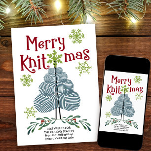 Cartão De Festividades Árvore de Natal do Yarn de Knitmas e Flocos de Nev