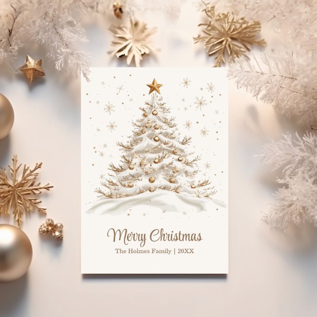 Cartão De Festividades Árvore de Natal Dourada e branca na neve (Gold and White Christmas Tree in Snow Holiday Card on a white table with golden Christmas ornaments)