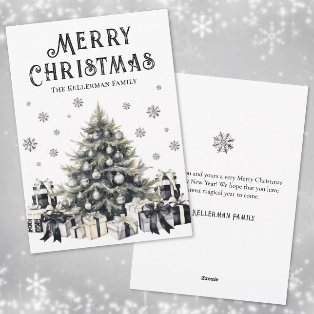 Cartão De Festividades Árvore de Natal Elegante Branca Negra (Black White Elegant Christmas Tree Holiday Card)