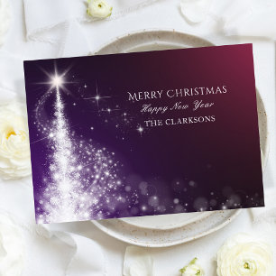 Cartão De Festividades Árvore de natal elegante com brilho roxo
