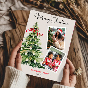 Cartão De Festividades Árvore de Natal elegante com duas fotos personaliz