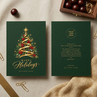 Cartão De Festividades Árvore de Natal elegante Verde e Dourado Empresari