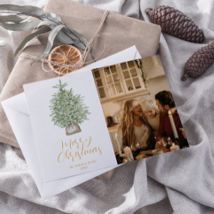 Cartão De Festividades Árvore de Natal em Aquarela Dourada Foto Feliz Nat