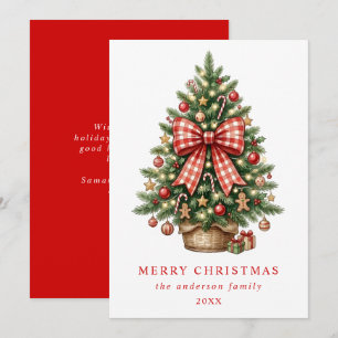 Cartão De Festividades Árvore de Natal em Aquarela Elegante com Laço de G