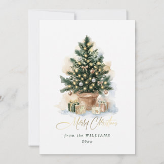 Cartão De Festividades Árvore de Natal em Aquarela sem Foto Elegante