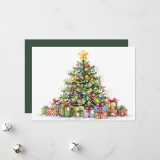 Cartão De Festividades Árvore de Natal em Aquarela Verde Elegante Sem Fot