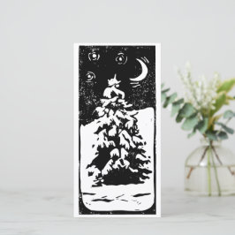 Cartão De Festividades Árvore de Natal em Paisagem Nevada Xilogravura