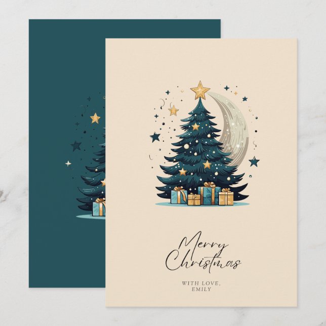 Cartão De Festividades Árvore De Natal Estende A Lua (Frente/Verso)