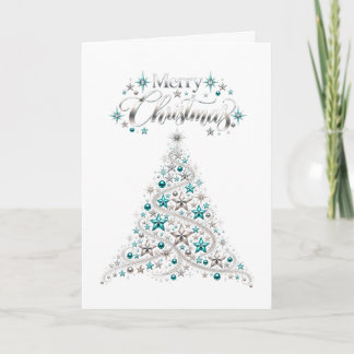Cartão De Festividades Árvore de Natal Estrela Prateada e Azul Turquesa B