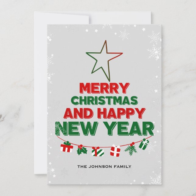 Cartão De Festividades Árvore de Natal, Feliz ano novo, palavras, estrela (Frente)