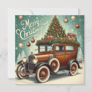 Cartão De Festividades Árvore de Natal feliz carro vintage de Natal