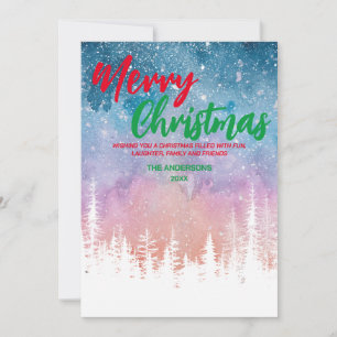 Cartão De Festividades Árvore de Natal Feliz Floresta Verde Noite Vermelh