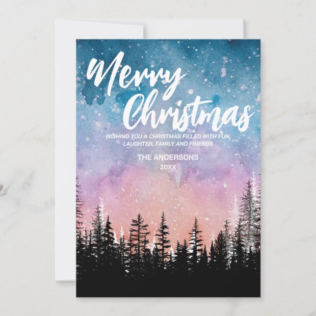 Cartão De Festividades Árvore de Natal feliz Noite gradiente script flore (Frente)
