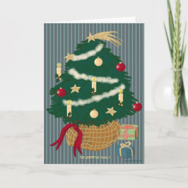 Cartão De Festividades Árvore de Natal fofa em um fundo listrado. Persona