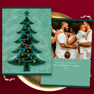 Cartão De Festividades Árvore de Natal Foto Geométrica Verde Moderna Feli