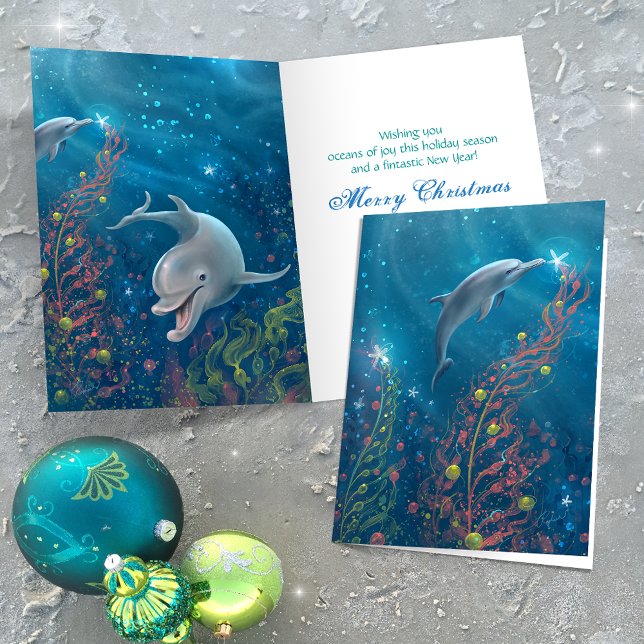 Cartão De Festividades Árvore de Natal Mágica do Golfinho Debaixo do Mar (Add your own personalized holiday greeting to the inside of these unique dolphin Christmas cards.)