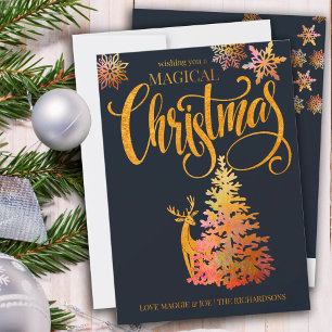 Cartão De Festividades Árvore de Natal Mágica e Veado Dourado e Azul