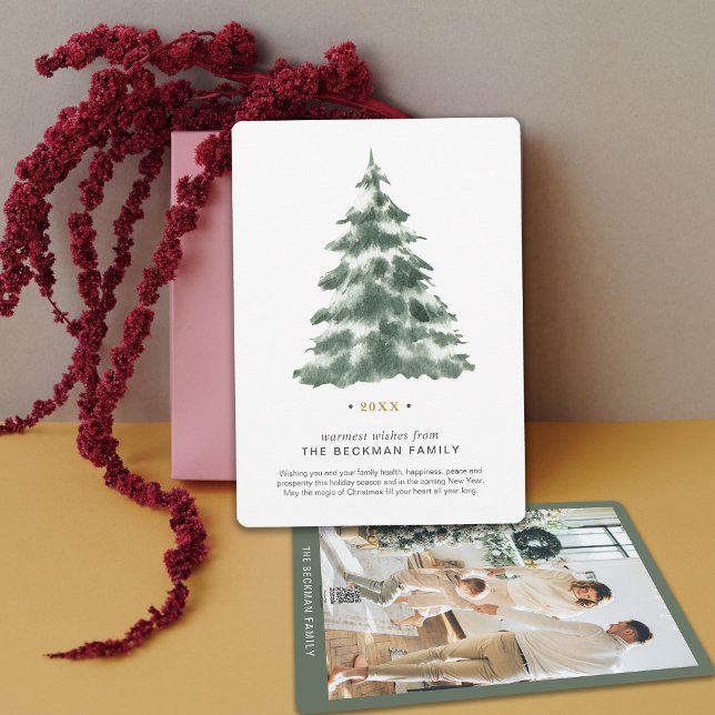 Cartão De Festividades Árvore de Natal Mínima de Aquarela de Foto persona (custom Photo Minimal Watercolor Christmas Tree Holiday Card)