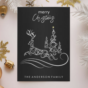 Cartão De Festividades Árvore de Natal Moderna e Elegante e Reindeer
