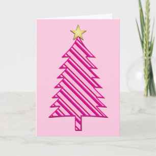 Cartão De Festividades Árvore de Natal Moderna em Listras de Pimenta Rosa