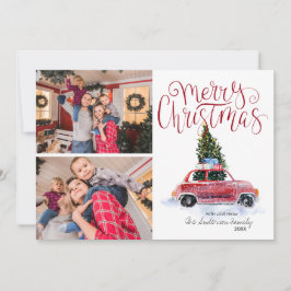Cartão De Festividades Árvore de Natal no Carro Vermelho Vintage | Colage