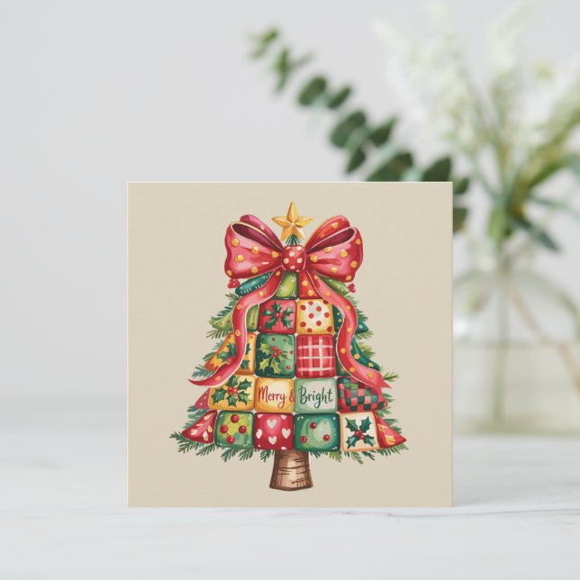 Cartão De Festividades Árvore de Natal Patchwork Coquette Xmas Tree  (Em pé/Frente)