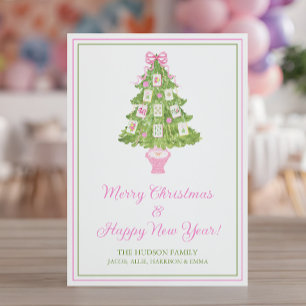 Cartão De Festividades Árvore de Natal Pink de Aquarela Mahjong