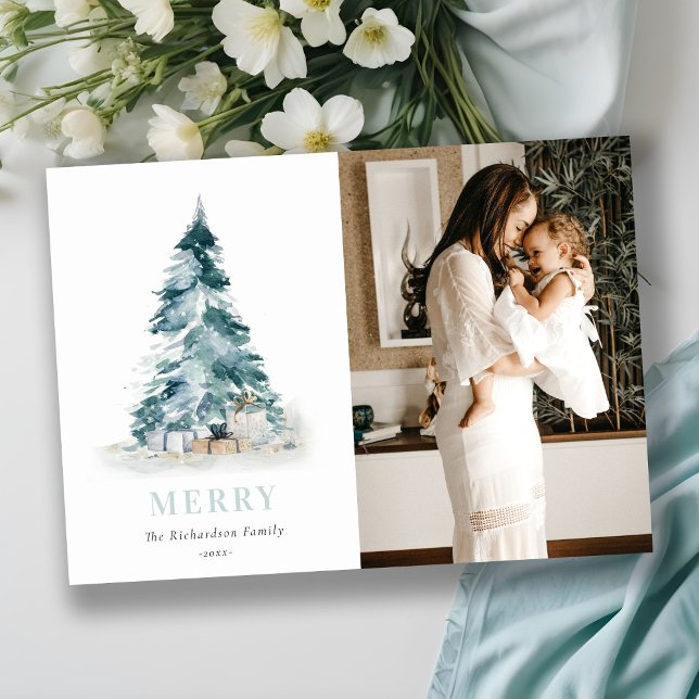 Cartão De Festividades Árvore de Natal Presente Foto Aquarela Pinheiro Ne (Criador carregado)