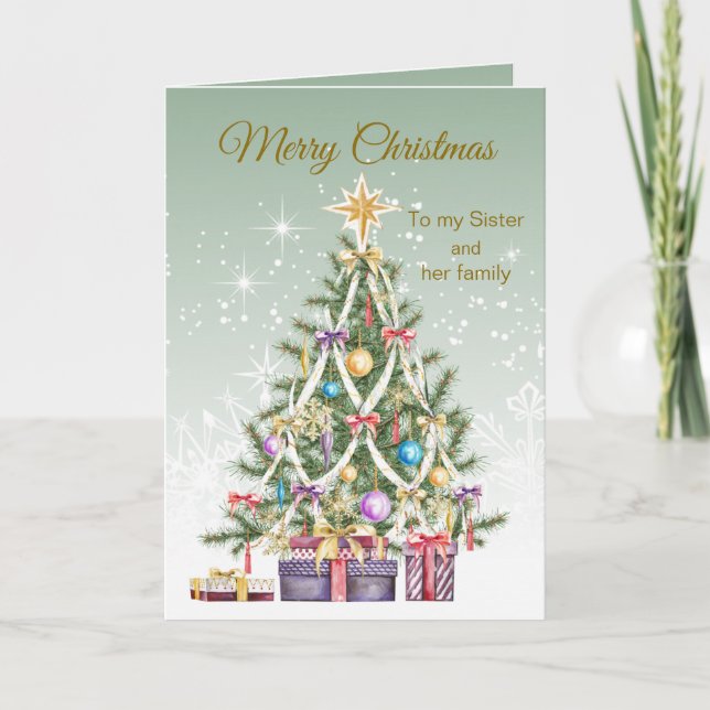 Cartão De Festividades Árvore de Natal, presentes, Irmã e sua família (Frente)