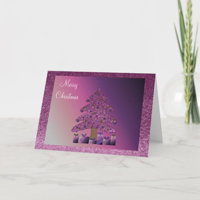 Cartão De Festividades Árvore de Natal Purple Faux Glitter (Frente)