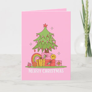 Cartão De Festividades Árvore de Natal Retro Rosa