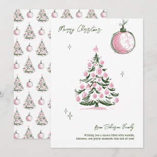 Cartão De Festividades Árvore de Natal rosa e verde desenhada à mão