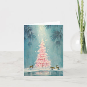 Cartão De Festividades Árvore de Natal rosa vintage com cervo em fundo az
