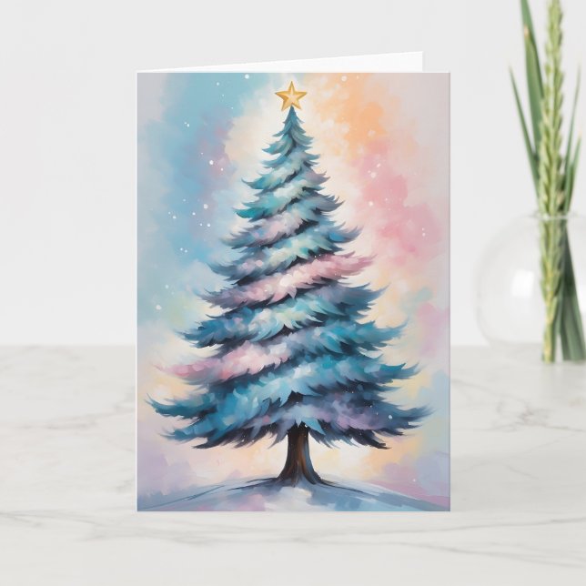 Cartão De Festividades Árvore de Natal simples e pastel com rosa azul púr (Frente)