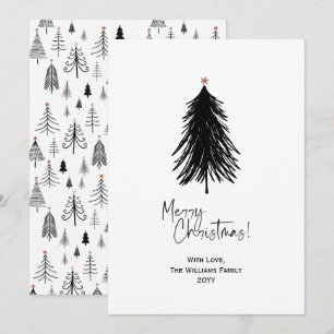 Cartão De Festividades Árvore de Natal Simples Preto e Branco