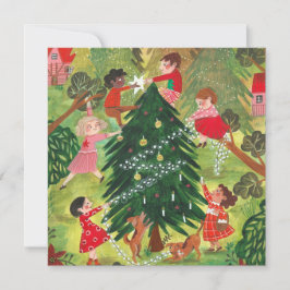 Cartão De Festividades Árvore de Natal verde decorada fofa crianças Holid